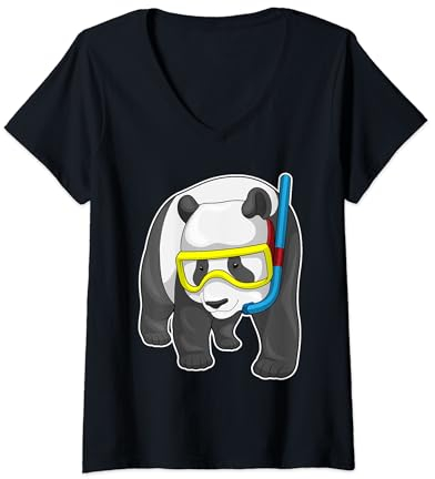 Damen Panda Taucher Schnorchel T-Shirt mit V-Ausschnitt