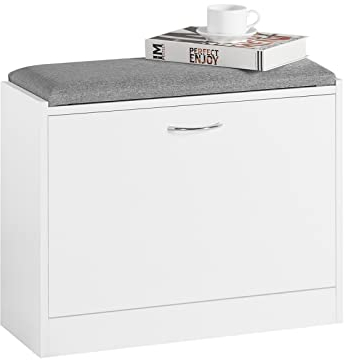 SoBuy Schuhbank schmal mit Sitzfläche & Stauraum – Sitzbank mit Klappe & Schuhregal platzsparend für Flur & Eingang – Weiß, 60x47x24 cm, bis 120 kg – FSR16-K-W