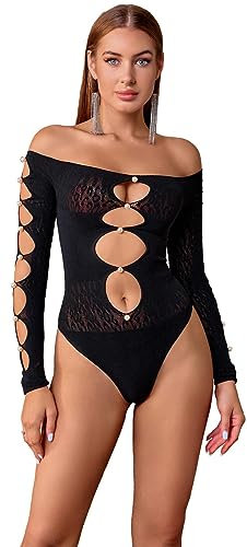 Bommi Fairy Women's Sexy Off Shoulder Long Sleeve Bodysuit Cute Tops Cut Out Front Mesh Tight One Piece Teddy Bright Artificial Pearls Bodystocking (Black)