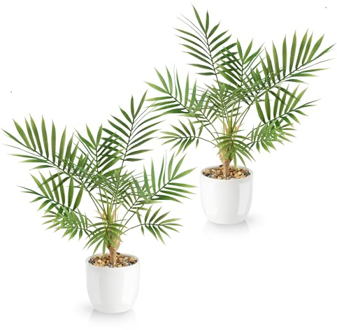 PASCH® Lot de 2 palmiers artificiels Areca (35 cm) dans des pots en céramique blancs : plantes artificielles comme de vraies plantes en pot | faux plant | palmier artificiel | fleurs artificielles en