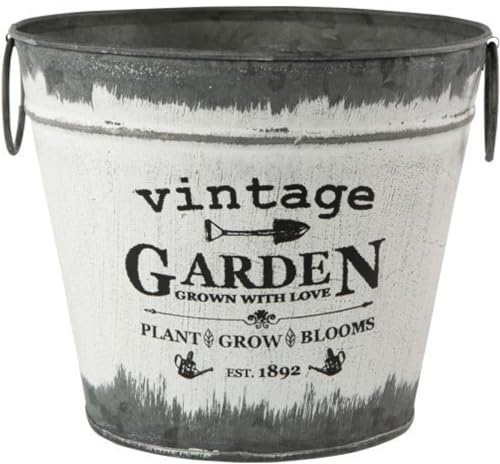 FYNE-FINDS Grey Vintage Garden Metal Tin Pail 20cm, 8inch Indoor Plant Pot Handles Planter Decor Gift (1)