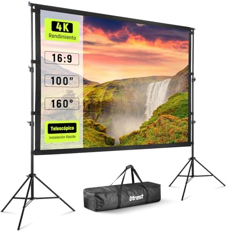 OTREST 100 Telo Proiettore+Supporto, Schermo Cinematografico Anteriore Posteriore in Poliestere Antipiega 16:9 4K HD con Sacchi Sabbia, Schermo Proiezione Telescopico Portatile per Interni ed Esterni