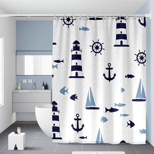 BCughia Duschvorhang Maritim Anker Leuchtturm Segelboot Fische Duschvorhänge 300 x 200 Anti-Schimmel Wasserdicht Polyester Stoff Waschbar Bad Vorhäng für Badzimmer mit 12 Haken