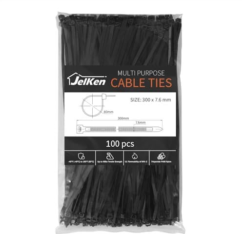JelKen 100 Pack Black Cable Ties, 300mm x 7.6mm, 12 Premium Nylon Tie Wraps, Self-Locking Heavy Duty Zip Ties for Home Office and Garden