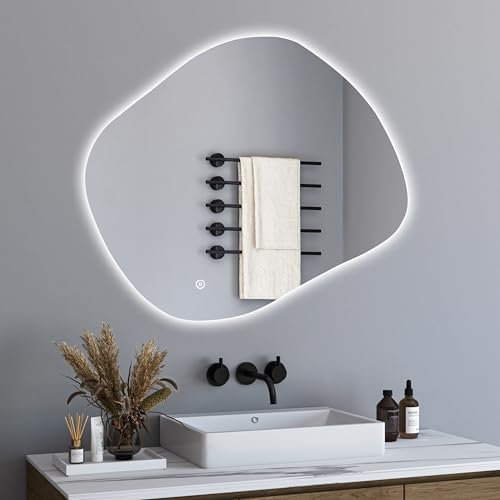 BD-Baode Badezimmerspiegel mit Beleuchtung,Asymmetrischer LED Badspiegel 74 x 84 cm LED Spiegel mit Touch-Schalter und 3 Lichtfarbe Dimmbar