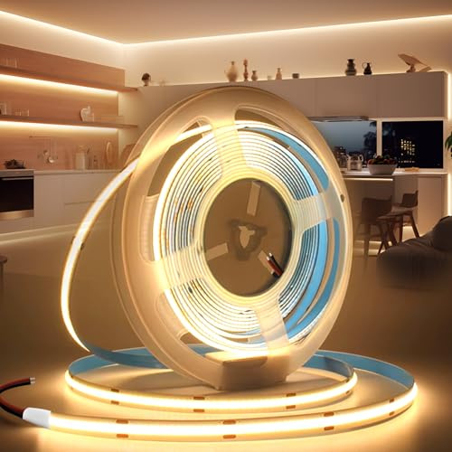 BRIMETI LED Streifen 12V 5M LED Strip COB Selbstklebend Warmweiss 3000K 5mm Breite 320LEDs/M, Flexibel IP20 Licht Band Leiste DIY, für TV, Beleuchtung Schlafzimmer (ohne Netzteil)