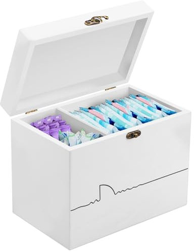 Tampon Holder for Bathroom Tampon Sanitary Pad Organizer Box Feminine Product Organizer Rustic Wood Bathroom Organizing Bin with Lid with Compartments Solid Period Box Cotton Swab Holder Sanitar