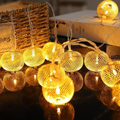 EONANT Dekorative Lichterkette mit 20 Metallgitterkugeln LED-Laternen im Vintage-Stil, Innen- und Außenbereich Pergola Weihnachten Hochzeit Party Dekoration (Gold)