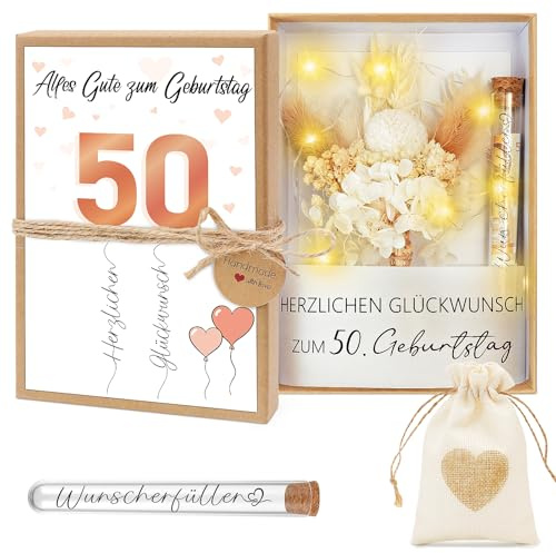 Shining She 50 Geburtstag Frauen Männer Geldgeschenke Verpackung | Minimalistisches Design Geschenkbox mit LED-Lichterkette Reagenzglas Jutesäckchen Trockenblumen zum 50. geburtstag Frau Mann