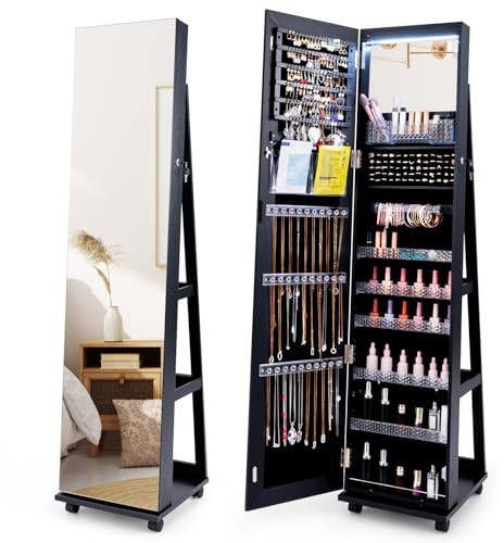 Multigot LED Jewellery Cabinet, Free Standing Mobile Jewelry Armoire with Full-Length Mirror, Built-In Small Mirror and Universal Wheels, Lockable Makeup Storage Organizer for Bedroom (Black)