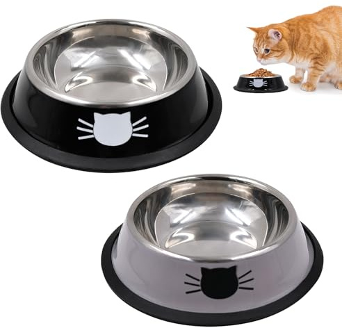 Gamelles pour Chat 2 Pièces en Acier Inoxydable, Gamelle Chat INOX Antidérapante avec Anneau Amovible, Bols pour Nourriture et Eau adaptés aux Chats et Petits Chiens en Gris et Noir