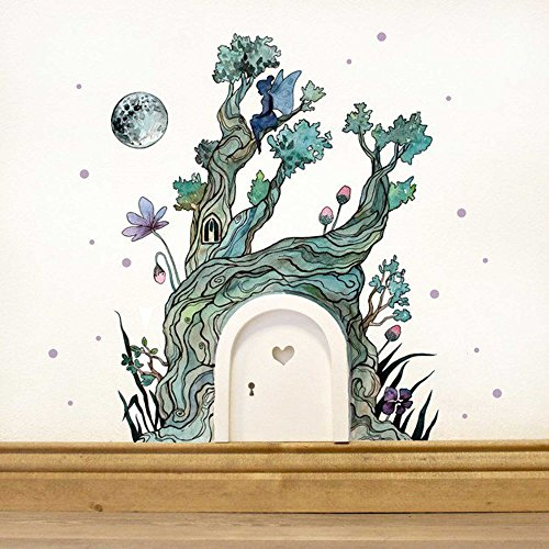 ilka parey wandtattoo-welt® Elfentür Feentür Wichteltür mit Wandtattoo Aufkleber Sticker Baum im Zauberwald mit Elfe Mond und Punkten e06 - ausgewählte Farbe der Holztür: *naturfarben*
