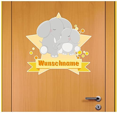 Samunshi® Kuschelnde Elefanten Wandtattoo Türschild mit Name personalisierbar Kinderzimmer Türaufkleber Baby Wandaufkleber - 25x22cm mehrfarbig