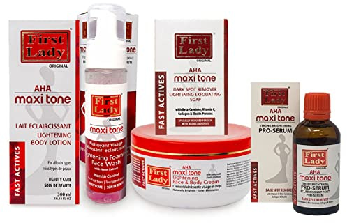 First Lady AHA Maxi Tone Skin Brightening Set - Body Lotion 300ml & Face Cream Jar 500g & Foam Wash 200ml & Soap 200g & Serum 60ml
