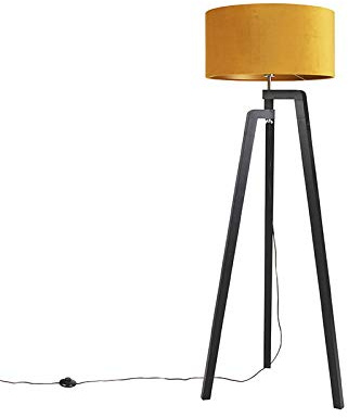 Qazqa - Floor lamp Tripod Black with Yellow Shade and Gold 50 cm - Puros- - Country I Rustic - Suitable for LED E27 | 1 Light - Wood Floor lamp - Suitable for Living Room I Bedroom I