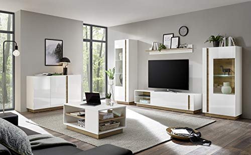 Wohnzimmerset Wohnzimmerwand Fresh IV weiß Hochglanz Grandson Oak Dekor 340(320) x194x40cm Fernsehwand Vitrine Wohnzimmervitrine Wohnzimmerschrank Ausführung mit Beleuchtung