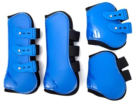 Merauno® Gamaschen Pferde 4er Set Sehne Schützer Fetlock Pferdesprungschutz Vorne Hinter Paar Robust Elastisch PU Shell Neopren Knopfverschluss 2 Paar für Damen& Herren (L(WB), Blau)