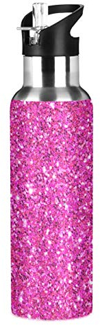 Xigua - Borraccia termica termica con coperchio in cannuccia, in acciaio inox, a prova di perdite, con glitter, colore: rosa