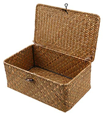 Aufbewahrungskorb Rattankorb Stroh Geflochten Korb Seegras Korb mit Deckel Ablagekorb Dekobox Make Up Organizer für Badezimmer Küche Wohnzimmer Deko 29x19x12 cm