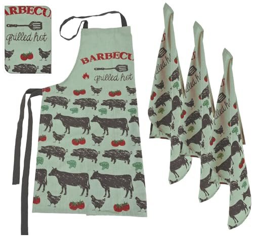 Koopman International b.v Schürze Geschirrtuch Grün Küchentuch Handtuch Set 4teilig Küche BBQ Grillen
