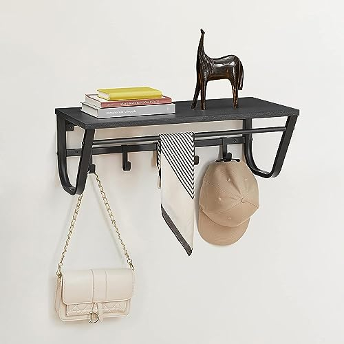 ACAZA Wandgarderobe mit 5 Haken und Ablage, Schwarz, Metall und Holz Wandgarderobe mit 5 Haken und Ablage, Schwarz, Metall und Holz