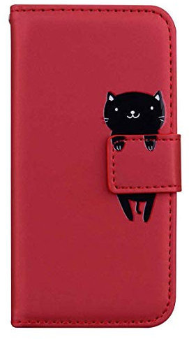 Skyhewen for iPhone XR Case, PU Leather Flip Wallet Cute Case for Women Girls with [Kickstand] [Magnetic Clasp] [Card Holder] [Animal Pattern] for iPhone XR, Red & Cat