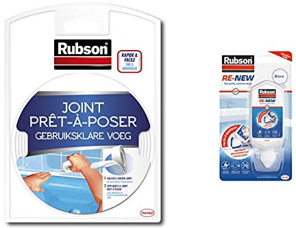 Rubson Joint Prêt à Poser- Rouleau auto-adhésif de joint préformé-blanc 12mm x 3.5m & RE-NEW Blanc (1 x 80ml), mastic sanitaire blanc à base de silicone, s'applique sur le joint déjà existant