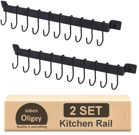 Joben Oligey Utensil Holder, Kitchen Rail With 10 Hooks, Pots and Pans Organizer Hanger, Wall Mounted Wrought Iron Hanging Black 17 Inch for Coffee Mug Rack Cup Hanging, Set of 2