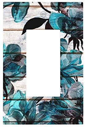 1-Gang Single Decora GFCI Device Decorator Rocker Receptacle Outlet Wall Plate Teal Blue Floral Botanical Aqua Ink Flower Turquoise Flower Blossom Electrical Light Switch Cover Faceplate Dimmer