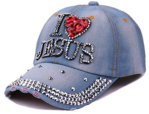 HZMM I Love Jesus ​​diamantbesetzte Baseballkappe Verstellbare Bling Letter Strass Denim Baseballmütze Washed Vintage Baseball Cap Basecap Distressed Washed Caps Strandhut