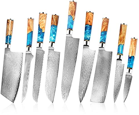WERWER 9pcs Küchenmesser Set echtes Damaskus -Kochmesser Santoku Gyuto Kirituske Japanisches Messer Stallhölzernes Griff Küchenwerkzeuge messerset (Color : 9 Pcs)