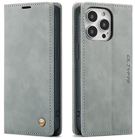 QLTYPRI Case for iPhone 14 Pro Max, Vintage PU Leather Wallet Case Card Slot Kickstand Magnetic Closure Shockproof Flip Folio Book Case Cover for iPhone 14 Pro Max - Grey