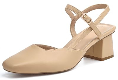 Rilista Women's Slingback Chunky Low Heels Closed Square Toe Heel Wedding Party Dress Pumps Shoes, Khaki, 3 UK