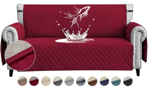 FIGOOO wasserdichte Sofabezug 4 Sitzer Dicke Sofaschoner Wasserdicht Reversible Gesteppte Sofa Überzug mit Seitentaschen Sofaüberwurf rutschfest Kratzfest für Haustiere Hunde Katzen,Weinrot