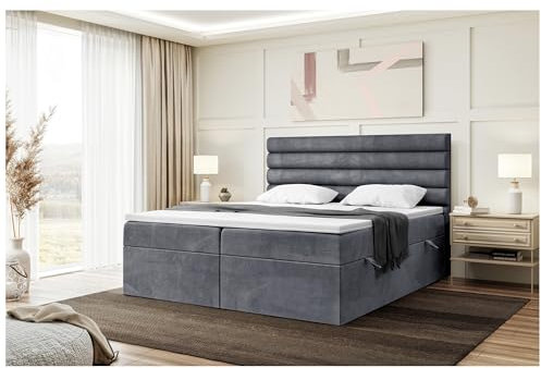 MEBLINI Boxspringbett mit Bettkasten - 140x200 - Gepolstert Doppelbett mit Matratze und Topper - Polsterbett mit Stauraum - Bett mit Kopfteil - Stauraumbett - Karim - H4/Dunkelgrau Samt