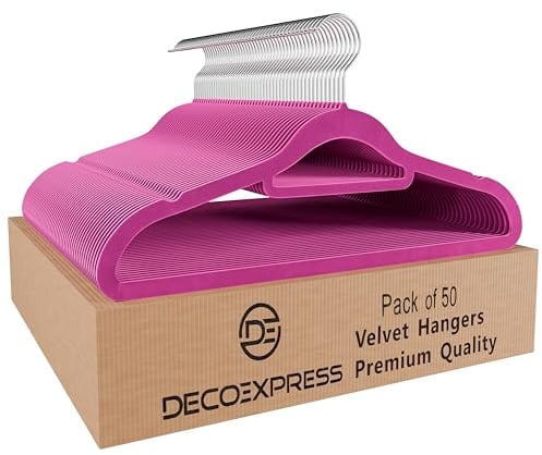 Deco Express Cintres Velours, Gain de Place Cintre Antidérapant pour Les Vêtements - Paquet Multiple (Rose, Paquet de 50)
