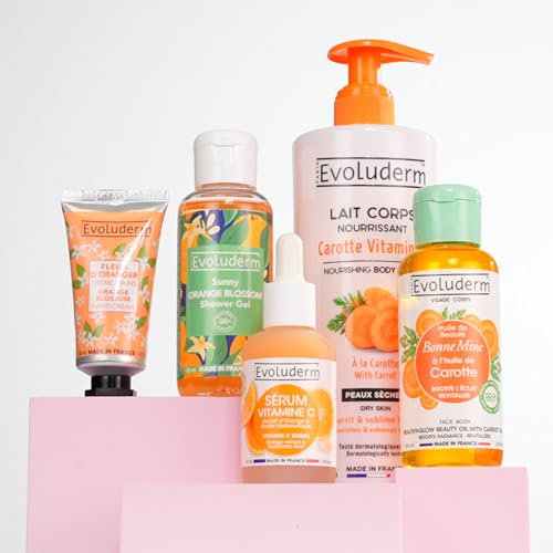 EVOLUDERM – Routine 100% Éclat – Lait Corps Carotte + Huile de Beauté Bonne Mine Carotte + Sérum Vitamine C + Crème Mains Fleur d’Oranger + Gel Douche Fleur d’Oranger - Fabrication Française