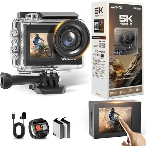 WANNTO 5K Action Cam 40M Fotocamera Subacquea Videocamera 24MP WiFi 170° Grandangolare Doppio Schermo EIS, Touch Screen, con Microfono Esterno, 2x1350mAh Batterie (Motion 5 Pro)