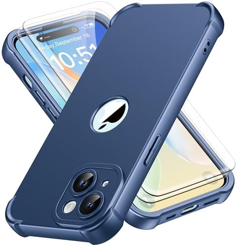 ORETECH Coque pour iPhone 15 + 2 Pièces Verre Trempé Protection écran, Antichoc Souple Silicone TPU Arrière Rigide PC Avant Housse de Protection pour iPhone 15 Case 6,1 Bleu