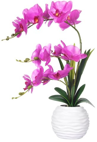FuleHouzz Künstliche Orchideen in Vase, gefälschte Orchideen im Topf, künstliche Phalaenopsis getopft mit Keramikvase für Zuhause, Büro, Hochzeit, Tischdekoration, Fuchsia