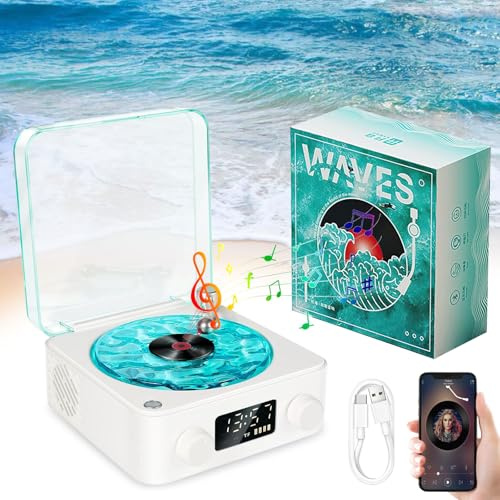 Waves Vinyl Player, Vinyl Schallplattenspieler mit Wasserwellen Lampe, Waves Vinyl Bluetooth Plattenspieler, Neuer Tragbarer Kabelloser Retro Plattenspieler für Schlafzimmer, Büro, Party (Weiß)