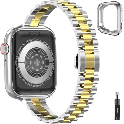 Correa Estrecha Compatible con Apple Watch Band Series SE/9/8/7/6/5/4/3/2/1, Bracelet con Estuche para iWatch de 38 mm 40mm 41 mm Mujer Pulsera de Metal de acero inox para Apple Watch, Plata/oro