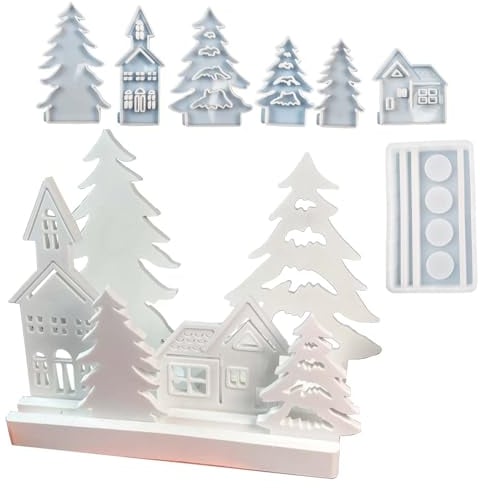 SVOCK Silikonform Weihnachten Set, 7 Stück Silikonform Haus Weihnachtsbaum Kerzenhalter, Silikonformen Gießformen Weihnachten, Weihnachtsbaum-Silikonform Häuser, Silikonformen Weihnachten für Gips Ker