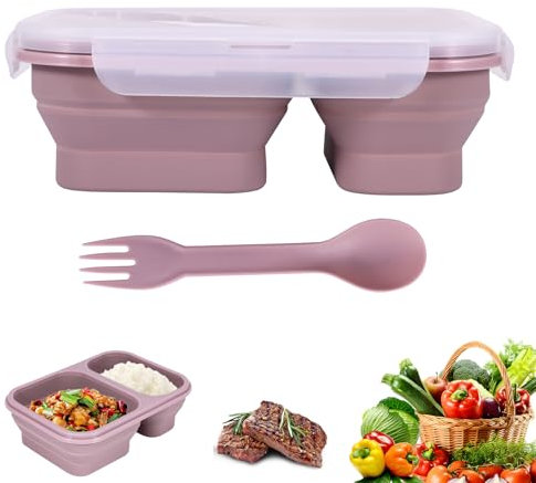 Foldable Lunch Box with Two Compartments, Collapsible Bento with Utensils, Collapsible Lunch Containers with Lid, Leak-Proof Bento Lunch Box for Microwave Freezer Dishwasher Safe BPA Free (Pink)