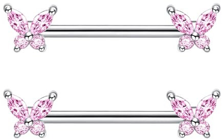 Besyvvin 2er Brustwarzenpiercing 14mm Rosa Schmetterling Nippelring Silber Brustpiercing Chirurgenstahl Piercing Brustwarze