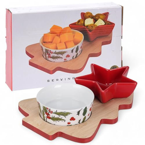 MIJOMA Juego de vajilla de Navidad X-MAS – Tabla de madera de 3 piezas con cuencos de porcelana – Perfecto para tapas, quesos, salsas y dulces