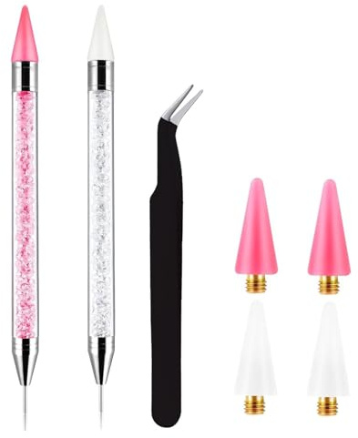 Rhinestone Pen,2Pcs Rhinestone Picker Tool Double-Headed Rhinestones Applicator with 4 Extra Wax Heads and 1 Tweezers,Suitable for Manicure Gem Crystal DIY (White + Pink)