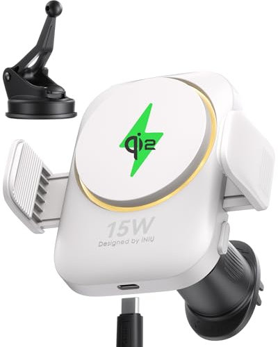 INIU Car Phone Holder Wireless Charger [White], Qi2 Certified 15W Fast Charging Mag-safe Car Mount Charger with Cooling Fins, Strong Magnetic Hold & RGB Lighting for iPhone 16 Pro Max/15/14/13/12