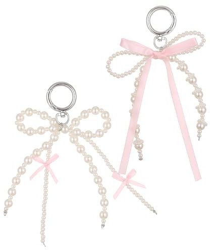 MBAIYO 2 Stück Perle Schleife Schlüsselanhänger, ÄsthetischeTaschenanhänger Kawaii Bogen Keychain Handgelenk Armband Anhänger Pearl Bows Keychain Schmuckzubehör Handyanhänger Anhänger Tasche für Damen