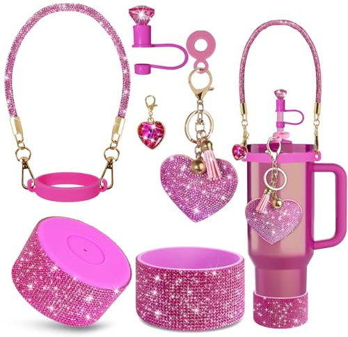 VirgoCCY 6PCS Diamond Glitter Stanley Cup Accessories Set 30&40 Oz, Includes 1 Diamond Silicone Boot, 1 Handle Strap, 1 Straw Covers,1 Straw Adapters Charm Blank with 2 Glitter Charms, Hot Pink